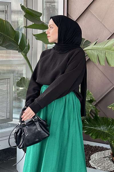Düşük Omuz Üç İplik Sweatshirt Siyah