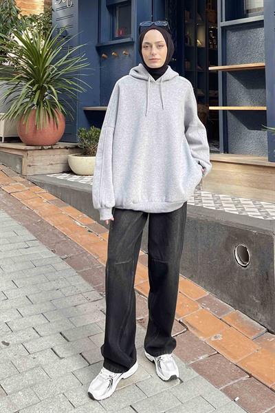 Kapüşonlu Oversize Yan Cepli Sweat Gri