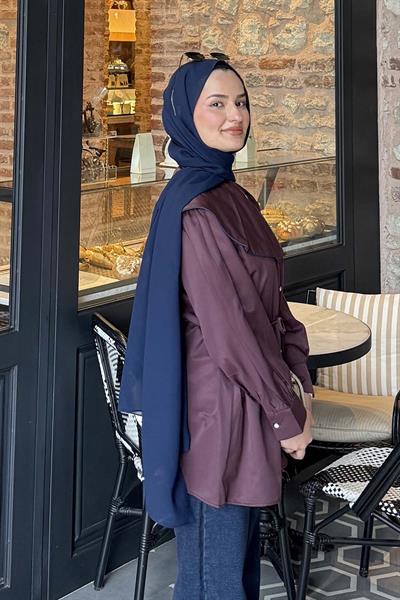 Geniş Yakalı Biyeli Gömlek Mürdüm