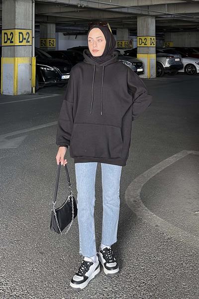 Üç İplik Kanguru Cep Sweatshirt Siyah