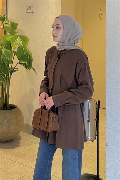 Ön Pile Detaylı Gömlek Kahverengi