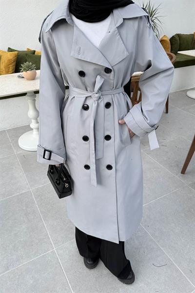 Reglan Kol Düğmeli Trenç Gri