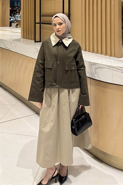 Yaka Detaylı Çıtçıtlı Ceket Haki