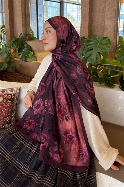 Çiçek Desen Bambu Şal Vişne