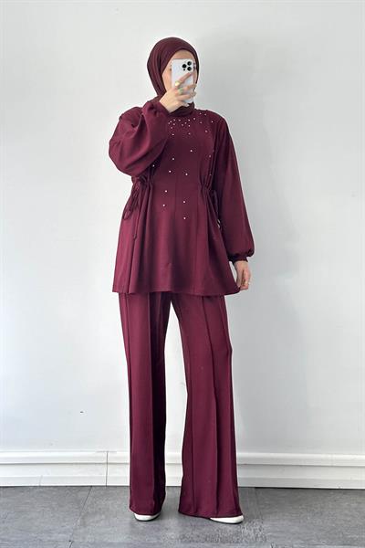 Taşlı İkili Takım Bordo