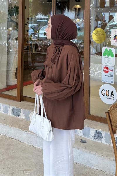 Yaka Fular Detaylı Gömlek Acı Kahverengi