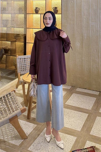 Bebe Yaka Dantel Detaylı Gömlek Mürdüm