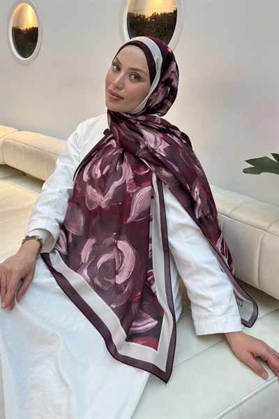Çiçek Desen Pamuk Şal Bordo Vizon