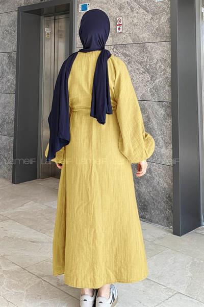 Balon Kol Bağlamalı Tesettür Elbise Sarı