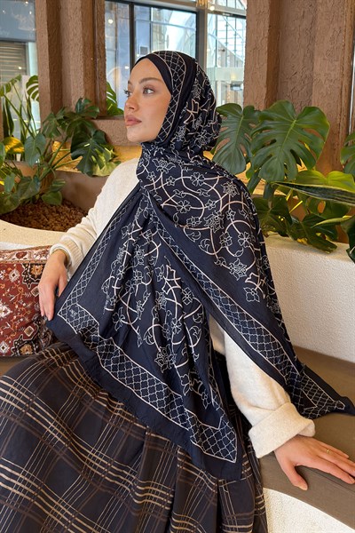 Geometrik Desen Bambu Şal Lacivert