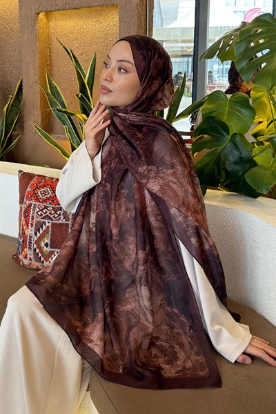 Gül Çiçek Desen Ferah Şal Acı Kahverengi