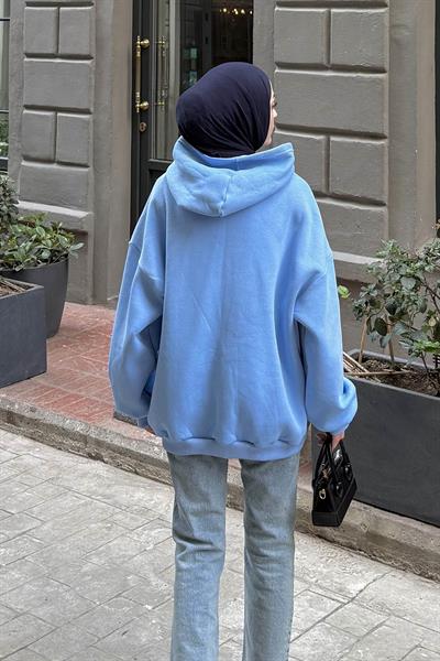 Kapüşonlu Oversize Yan Cepli Sweat Bebe Mavisi
