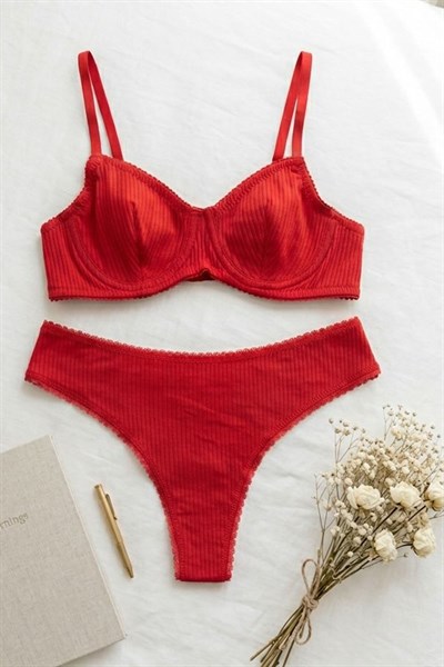 Fitilli Kaşkorse Sütyen Takım Kırmızı