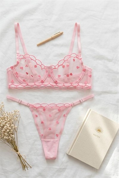 Kalp Nakışlı Tül  Sütyen Takım Pembe