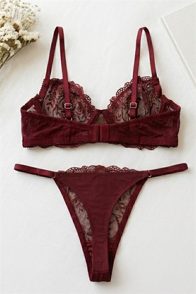 Bordo Dantelli Bralet Sütyen Takım Bordo
