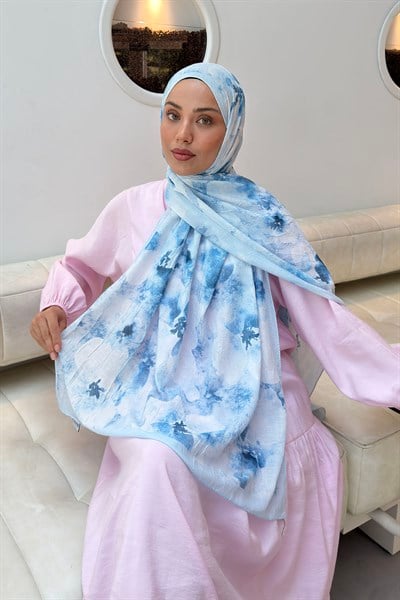 Batik Çiçek Desen Bambu Şal Bebe Mavisi