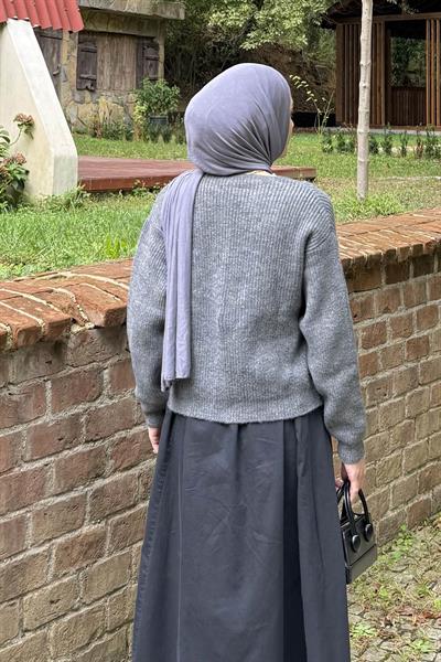 Crop V Yaka Hırka Gri
