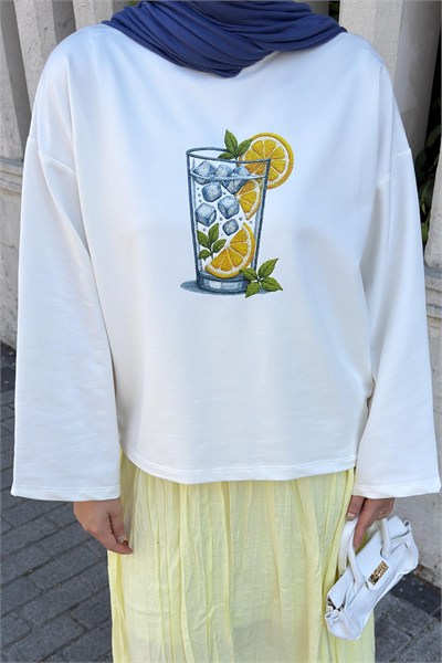 Basic Oversize Limon Baskılı Bluz Beyaz