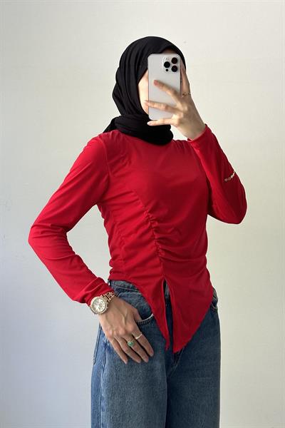 Bisiklet Yaka Yırtmaç Detaylı Sandy Body Nar Çiçeği