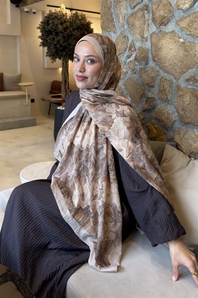Vintage Flower Desen Bambu Şal Koyu Bej