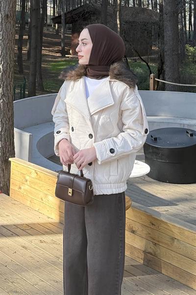 Kürk Yaka Düğmeli Mont Taş