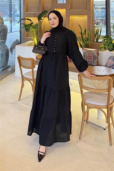 Bel Büzgülü Tesettür Elbise Siyah