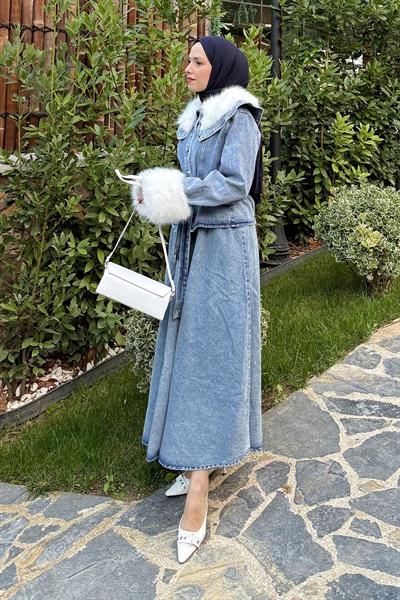Kürk Detaylı Denim Takım Kot Mavi