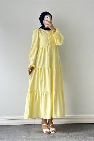 Kol Bağlama Detaylı Tesettür Elbise Sarı