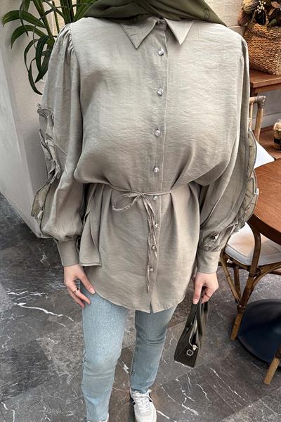 Geniş Yakalı Biyeli Gömlek Haki