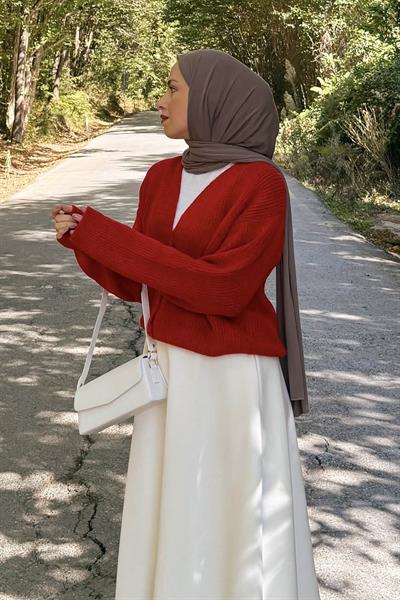 Crop V Yaka Hırka Nar Çiçeği