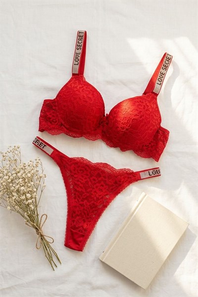 Dantel Taşlı Destekli Sütyen Takımı Kırmızı
