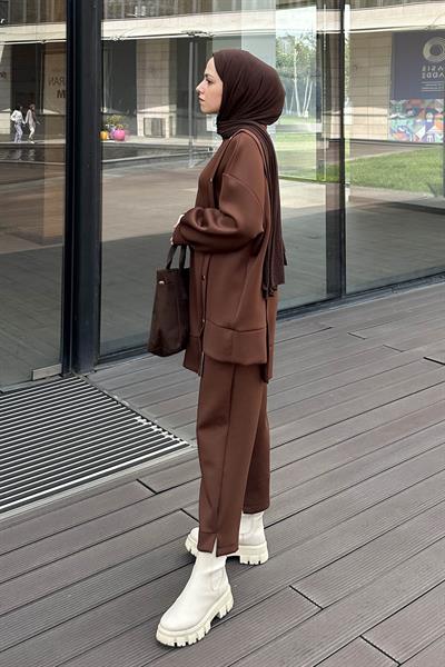 Yan Çıtçıt Detaylı Scuba Tesettür Takım Kahverengi
