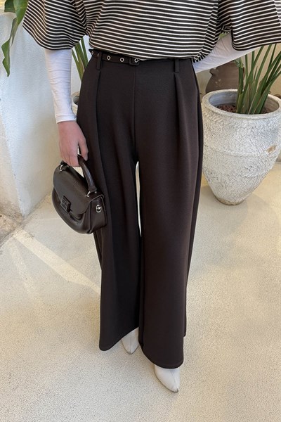 Dökümlü Palazzo Pantolon Acı Kahverengi