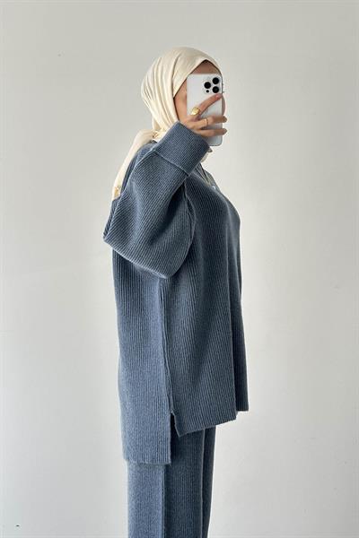 Fitilli Triko Takım İndigo