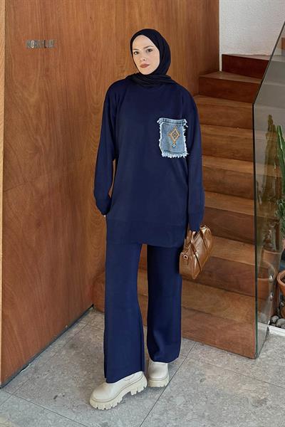 Cep Detaylı Triko Takım Lacivert