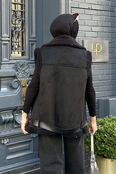 Kürk Detaylı Süet Yelek Siyah