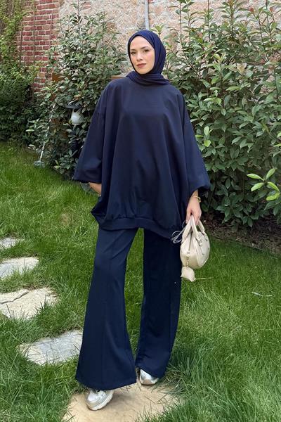Kapşonlu Pantolonlu İkili Tesettür Takım Koyu lacivert