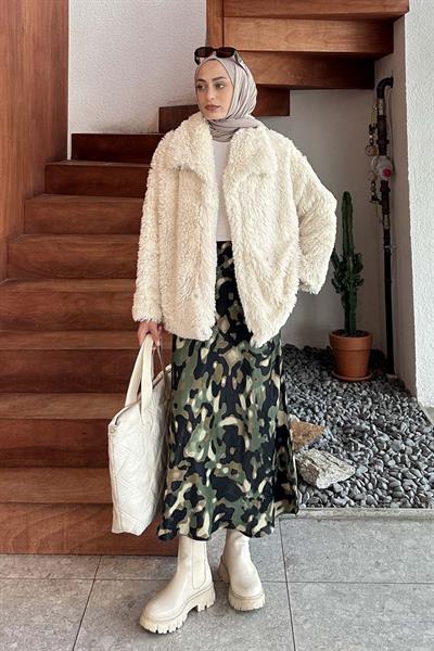 Peluş Detaylı Mont Krem