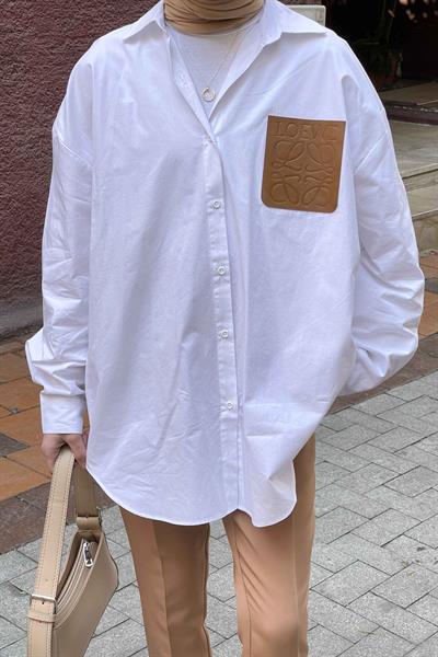 Deri Cep Detaylı Gömlek Beyaz