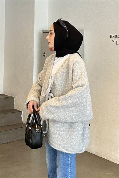 Bağlamalı Kaşe Kimono Gri