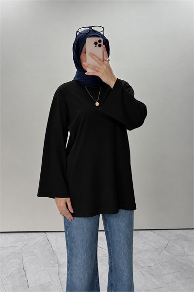 Bisiklet Yaka Basic Bluz Siyah