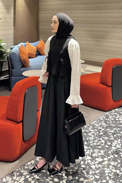 Düğmeli Yelekli Takım Siyah