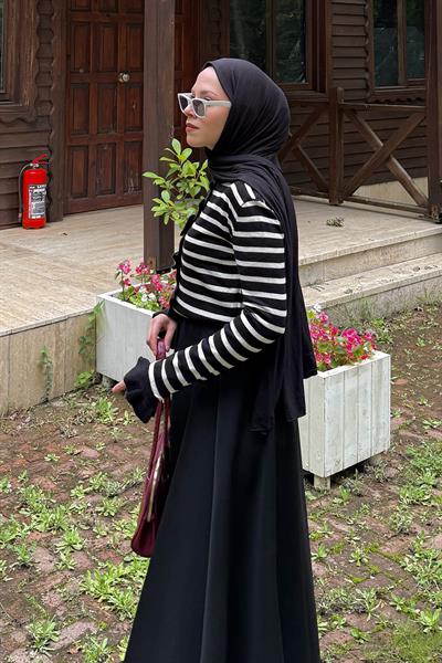 Fırfırlı Çizgili Hırka Siyah