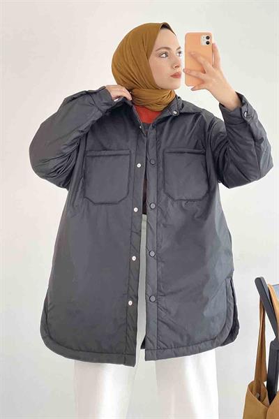 Çift Cepli Boydan Düğmeli Gizli Cepli Mont Siyah