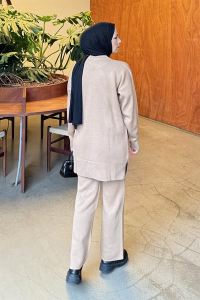 Dantel Cep Detaylı Triko Takım Camel