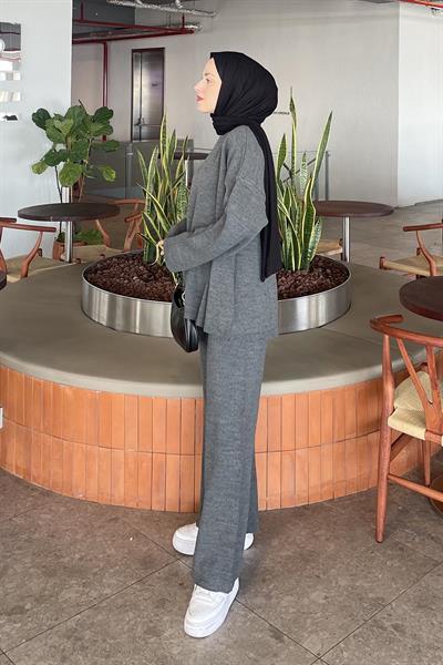 Düz İkili Triko Tesettür Takım Antrasit