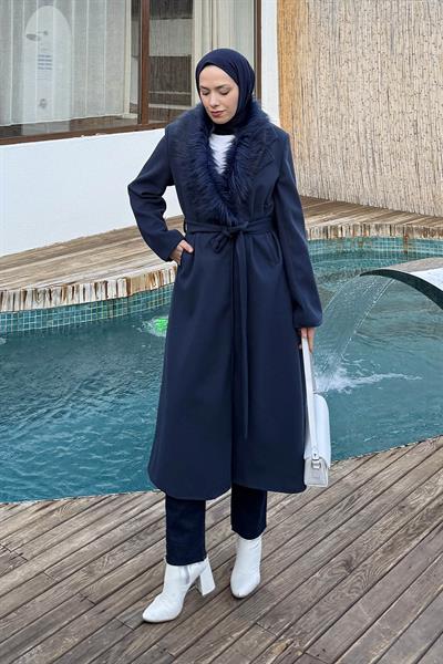 Kürk Yakalı Kaban Lacivert