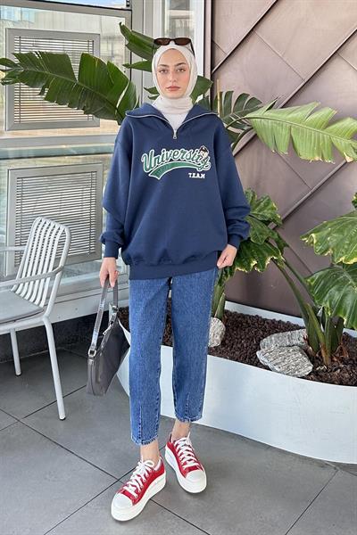 Universiy Baskılı Üç İplik Sweat Lacivert