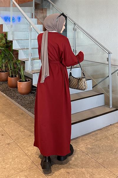 Etek Ucu Armalı Kuşaklı Elbise Kırmızı