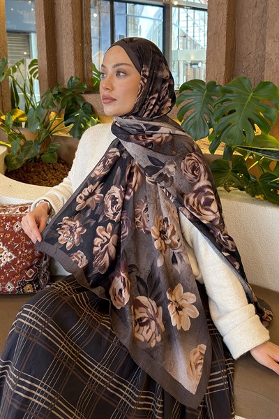 Çiçek Desen Bambu Şal Soft Kahve